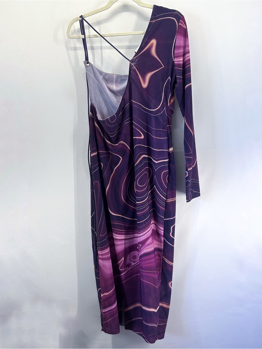 BBXBrand Mesh Purple Swirl Abstract One Shoulder Long Sleeve Midi Dress Size 14 - Picture 6 of 10